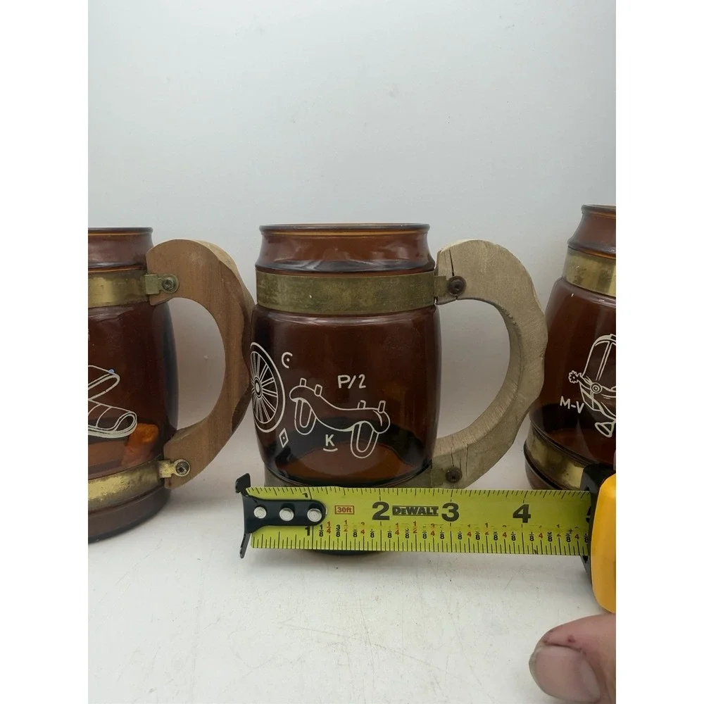 Vintage Siesta Ware Amber Glass Mugs Set 3 Wood Handles Brass Bands Etched